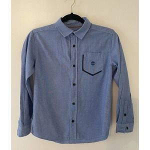 Timberland Boys Blue Logo Cotton Button Down Long Sleeve Shirt Sz M 10 12 EUC